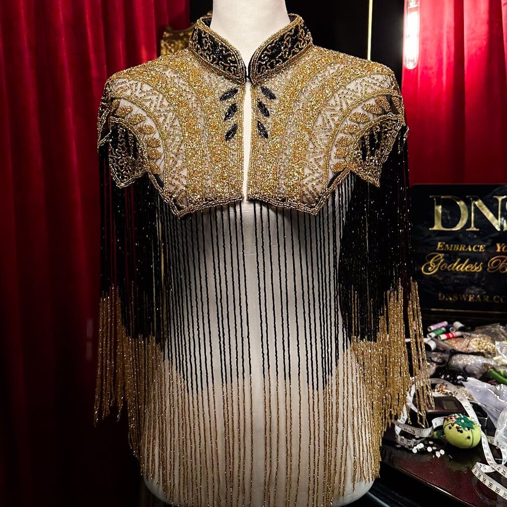 Black Gold Beaded Fringe Cape, Sequin Festival Bolero, Luxury Embellished Shawl